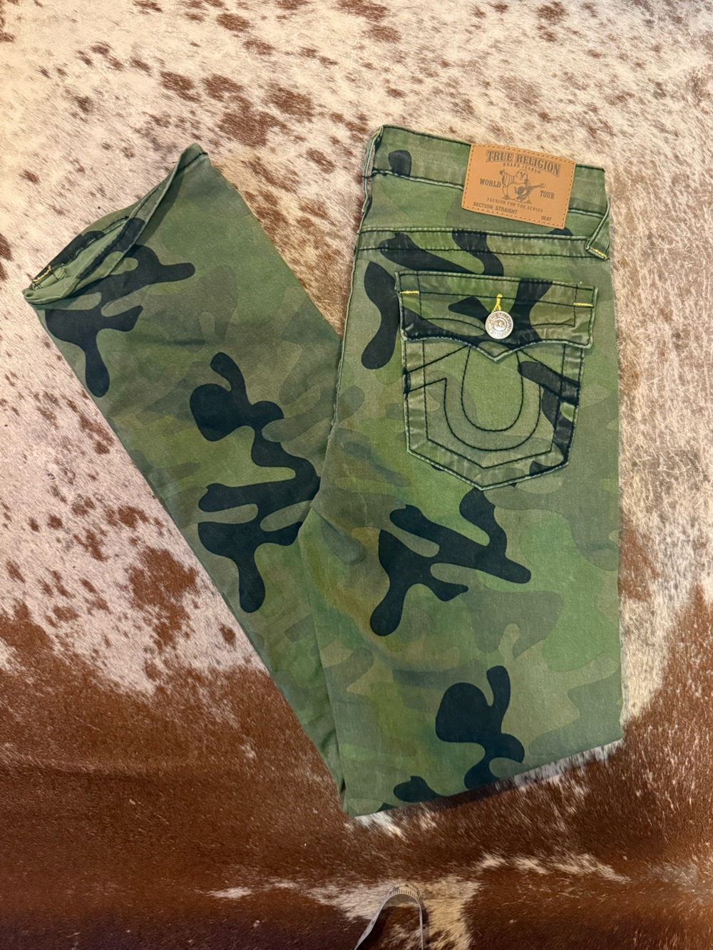 True Religion Boy’s Camo Slim Straight Jeans in Olive Green